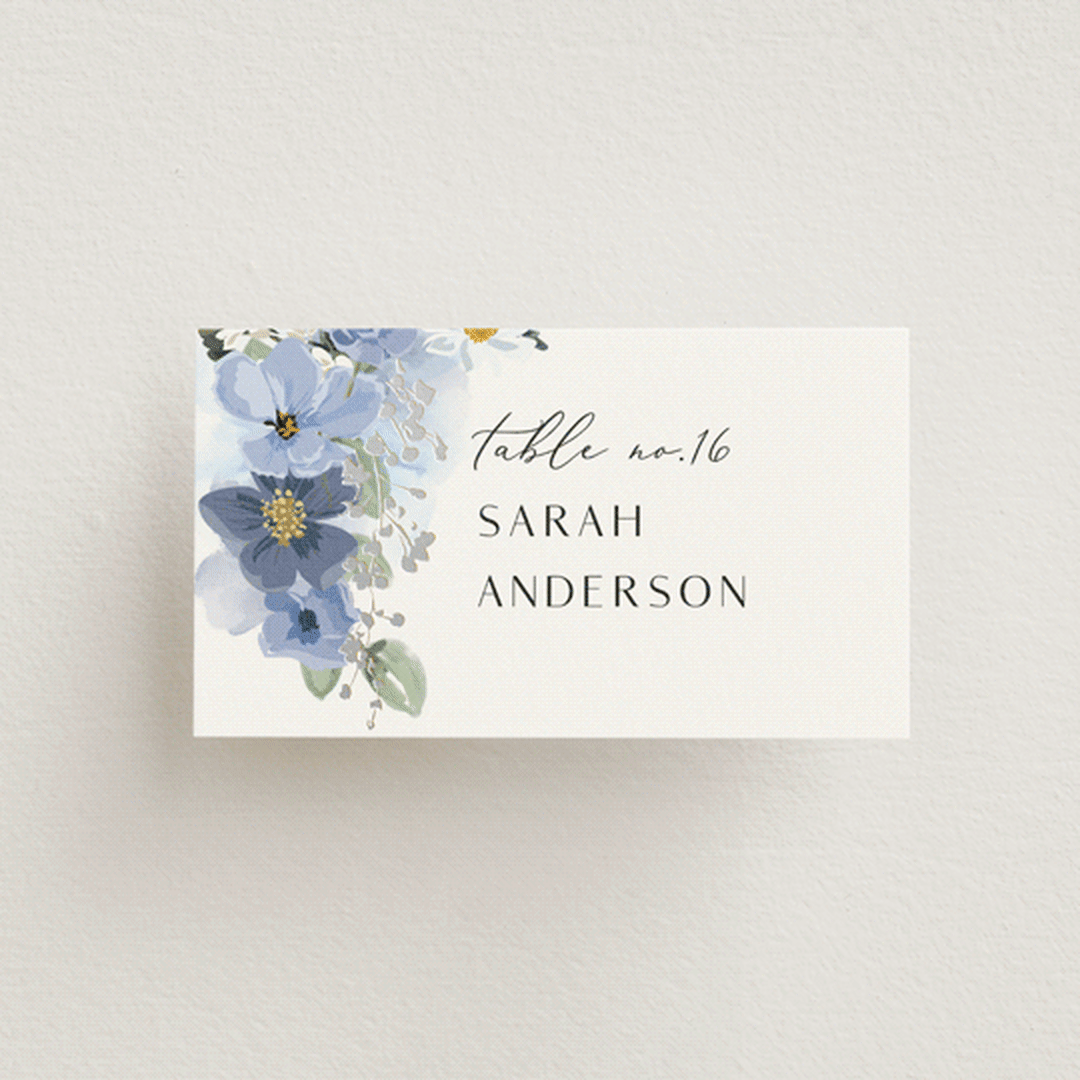 "Layered florals" - Place Cards in Serenity by Susan Moyal - Front with Free Guest Printing