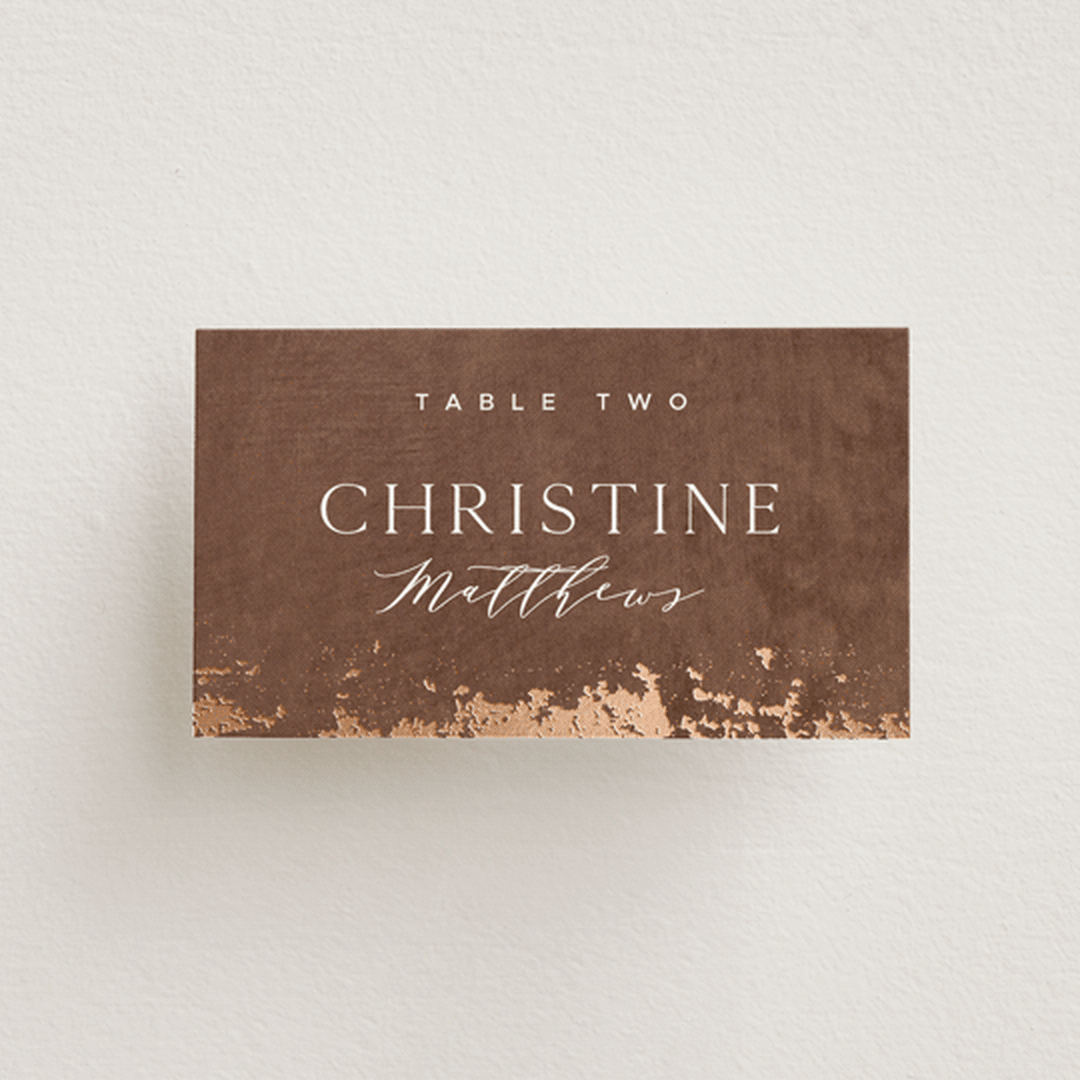 "Woodland Hills" - Place Cards in Copper by Eric Clegg - Front with Free Guest Printing