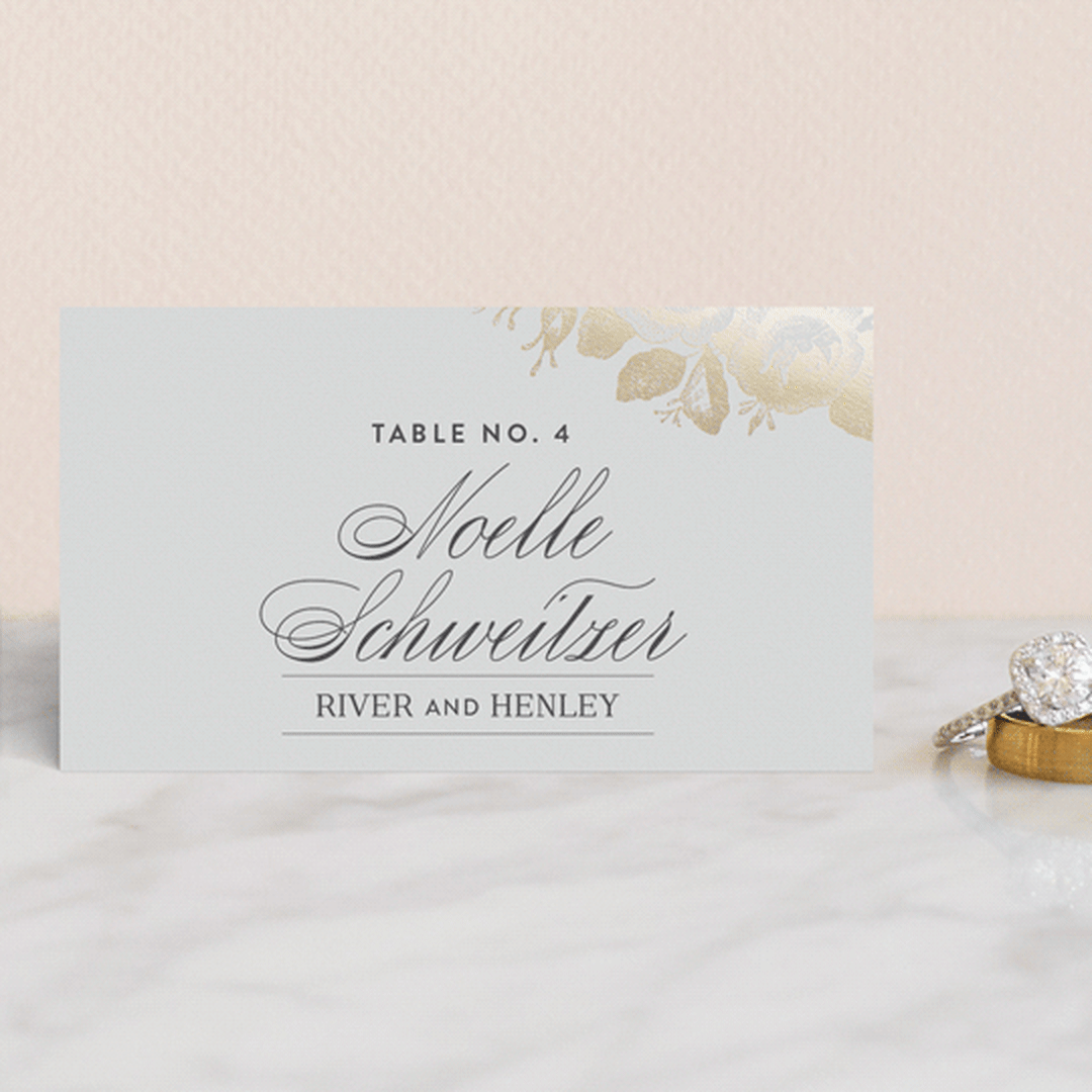 "Beloved" - Place Cards in Mist by Design Lotus - Front with Free Guest Printing