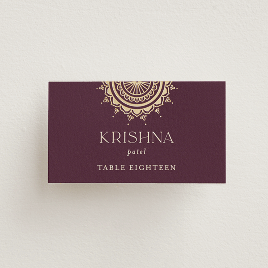 "Arunima" - Place Cards in Plum by Randi Cirelli - Front with Free Guest Printing