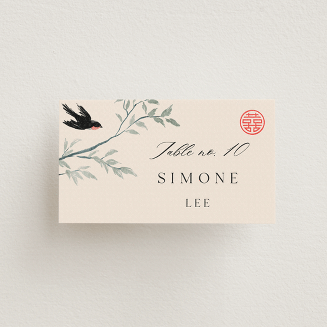 "LOVEBIRDS" - Place Cards in Cream by Elly - Front with Free Guest Printing