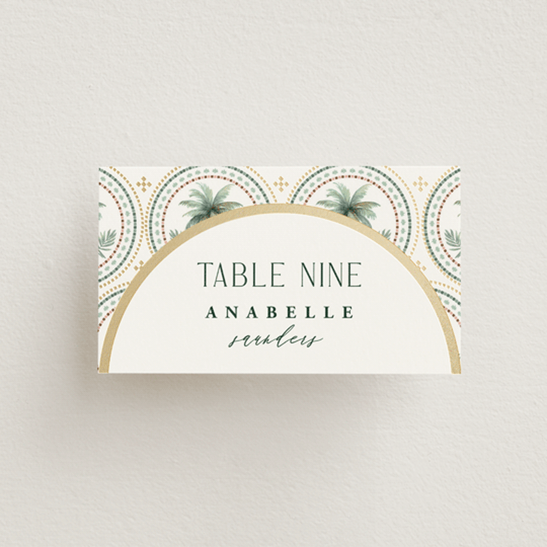 "Vintage Palms" - Place Cards in Sand by Maria Alou - Front with Free Guest Printing