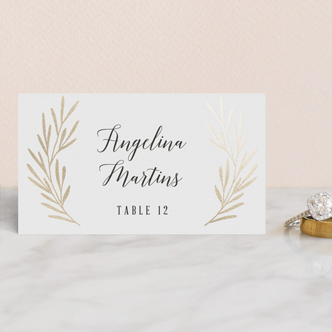 "Gilded Leaves" - Place Cards in Classic White by Kelly Schmidt - Front with Free Guest Printing