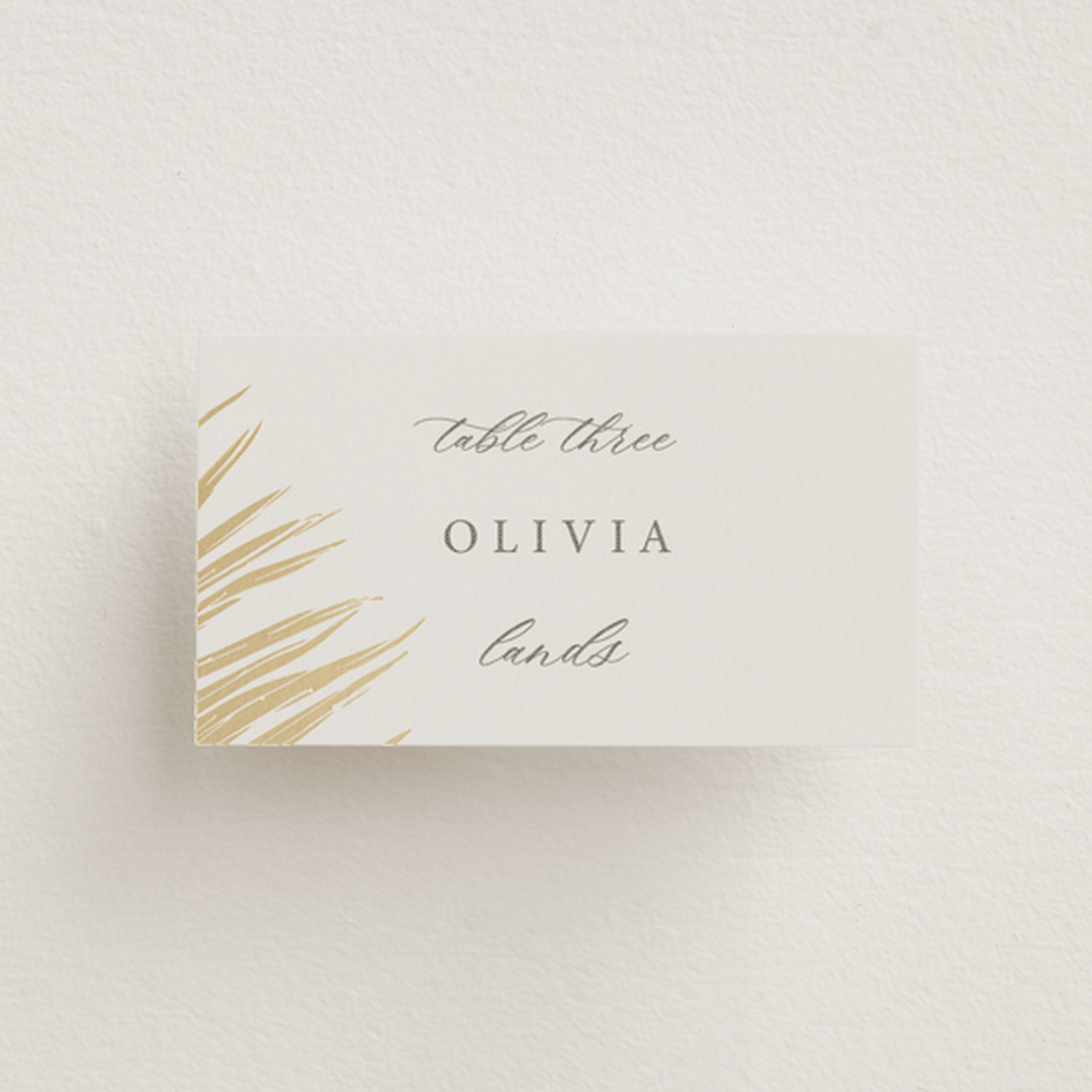 "Gilded Palm" - Place Cards in Sand by Melinda Denison - Front with Free Guest Printing