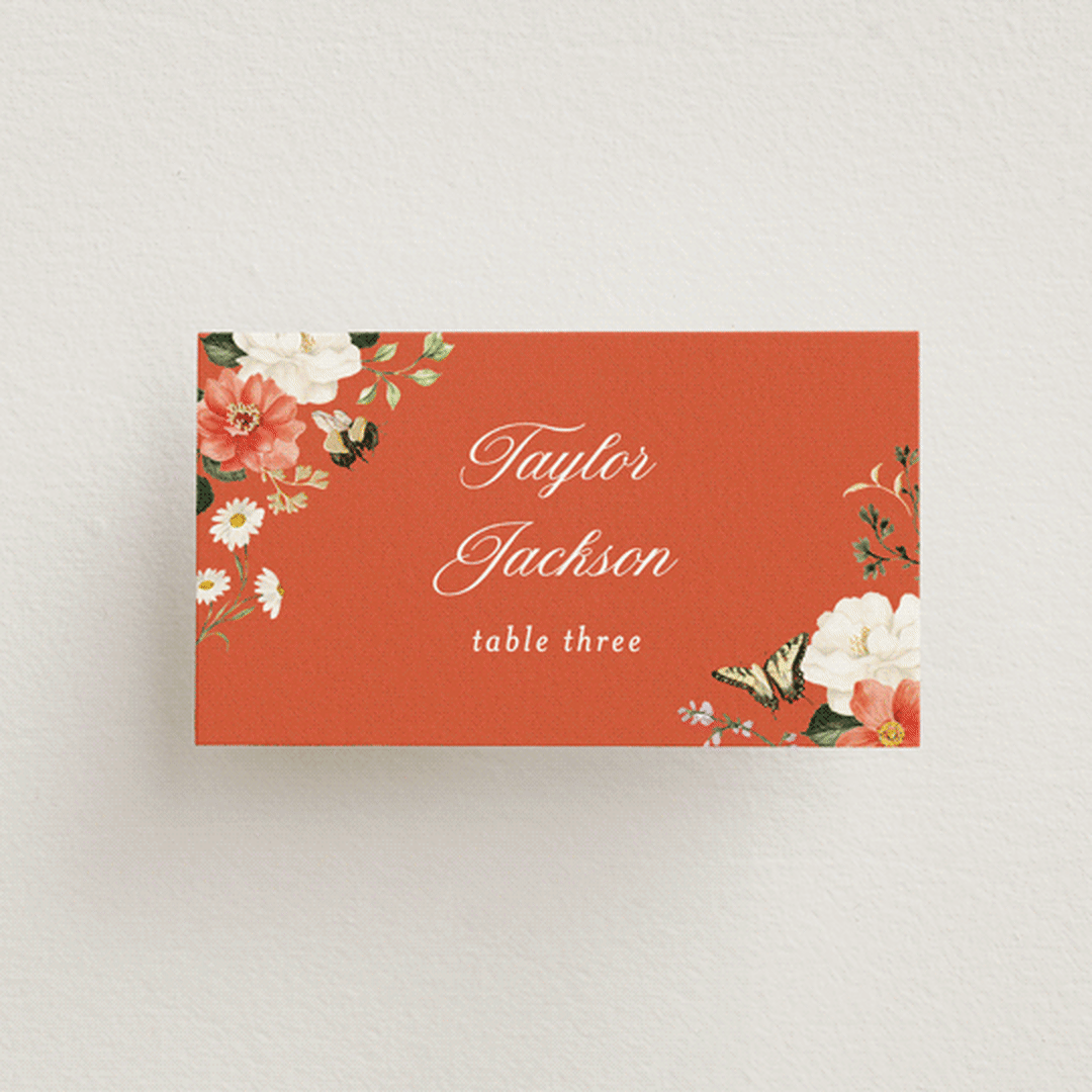 "Fleur" - Place Cards in Verona Sunset by Sarah Knight - Front with Free Guest Printing