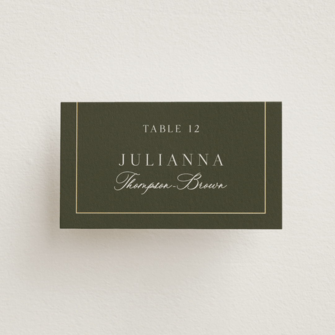 "refined" - Place Cards in Deep Olive by Nicole Walsh - Front with Free Guest Printing