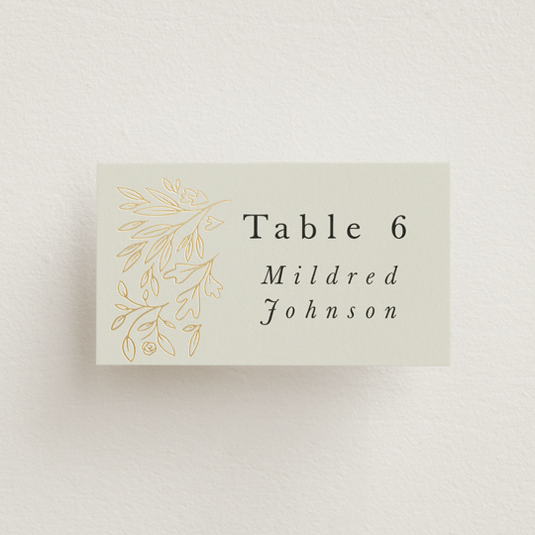 "Foil Botanical Frame" - Place Cards in Taupe by Hannah Williams - Front with Free Guest Printing