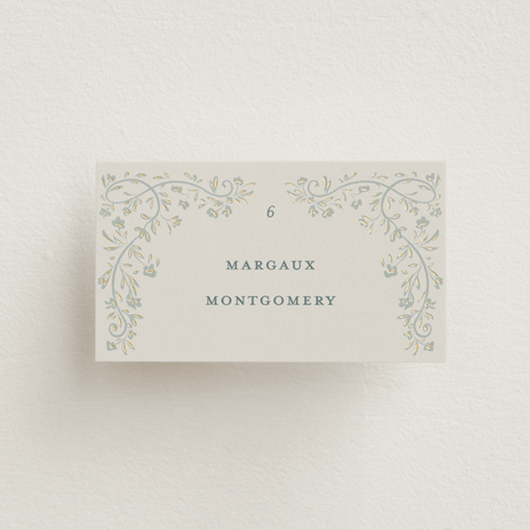 "Floral Romance" - Place Cards in Something Blue by Gwen Bedat - Front with Free Guest Printing