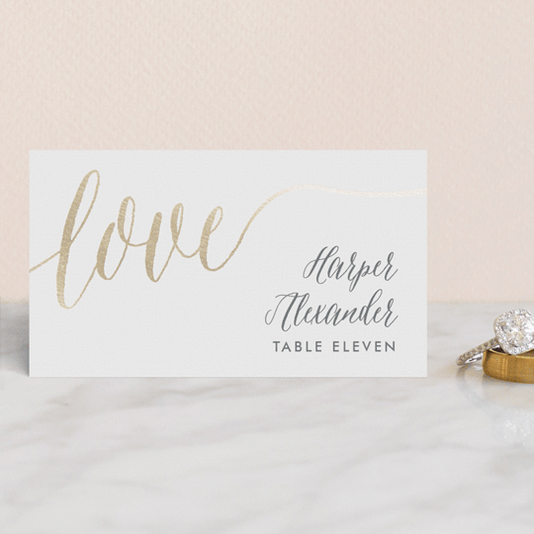 "A Sparkly Love" - Place Cards in Gold by Erin Deegan - Front with Free Guest Printing