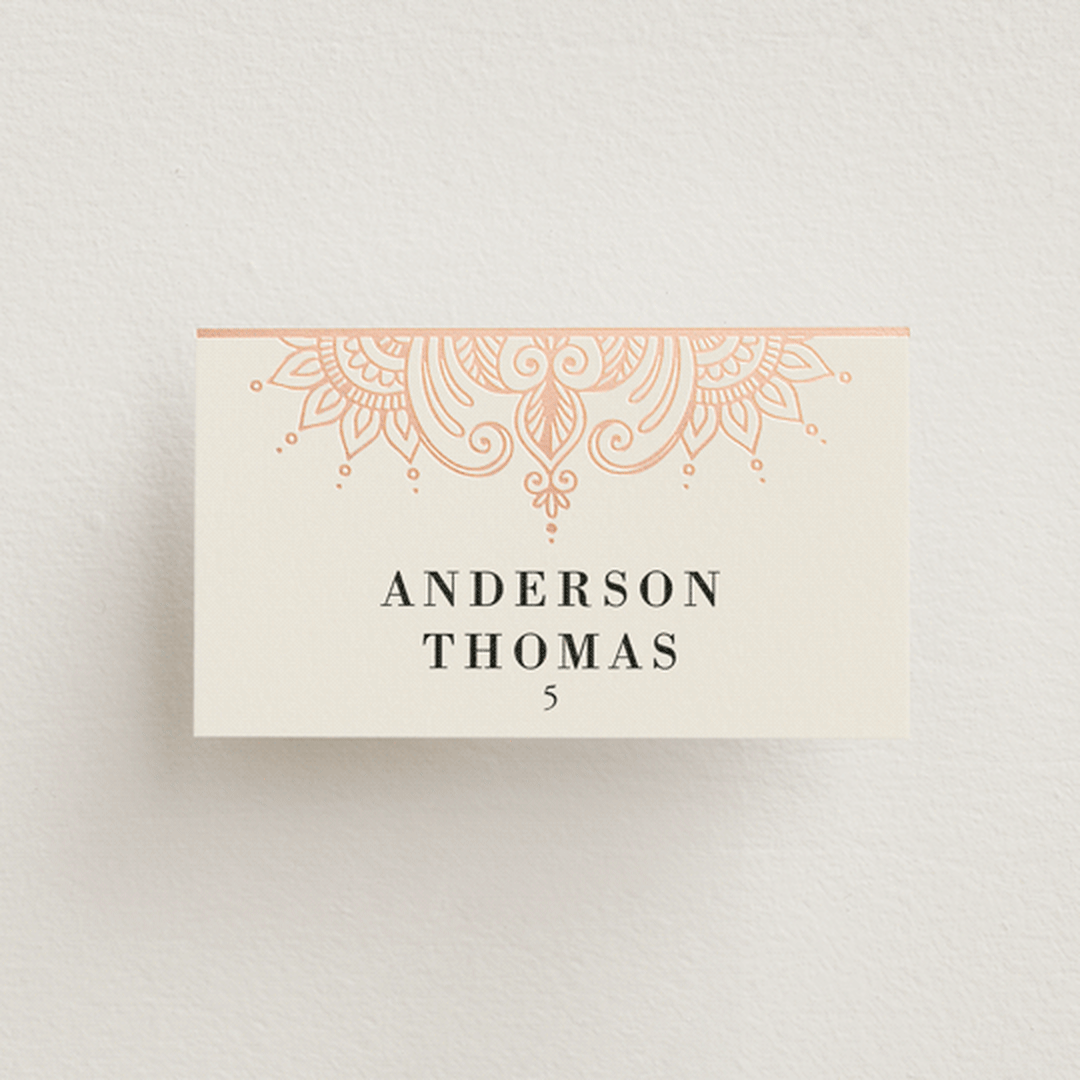 "Regal Mehndi" - Place Cards in Champagne Rose by Oma N. Ramkhelawan - Front with Free Guest Printing