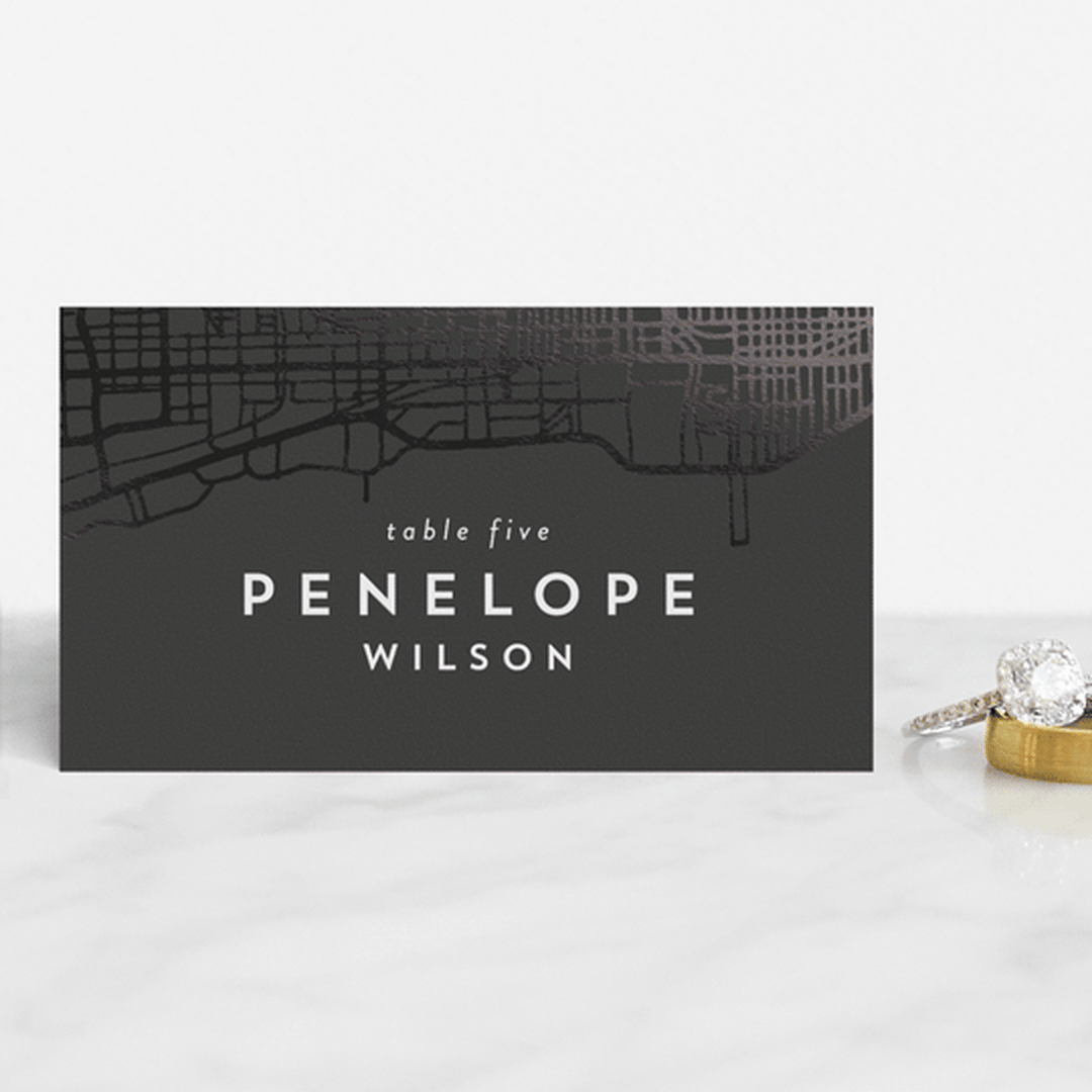 "Chicago" - Place Cards in Onyx by Erin Deegan - Front with Free Guest Printing