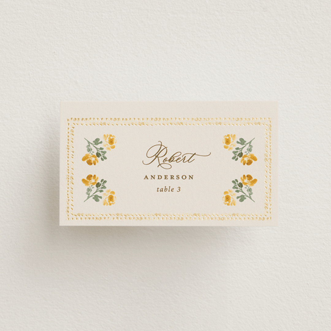 "Tuileries" - Place Cards in Golden by Claudia Orengo - Front with Free Guest Printing