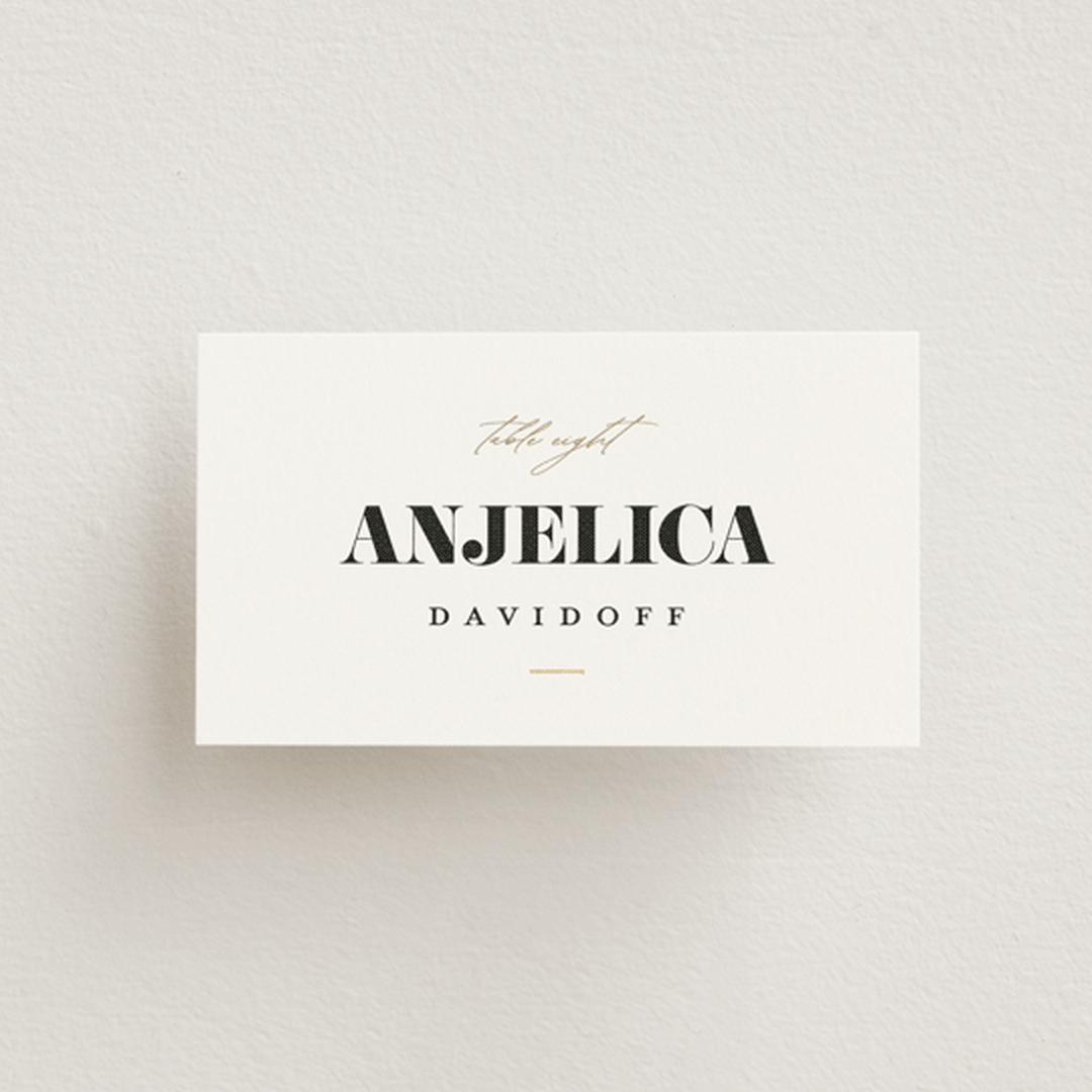 "Golden Stamp" - Place Cards in Snow by FRANI - Front with Free Guest Printing
