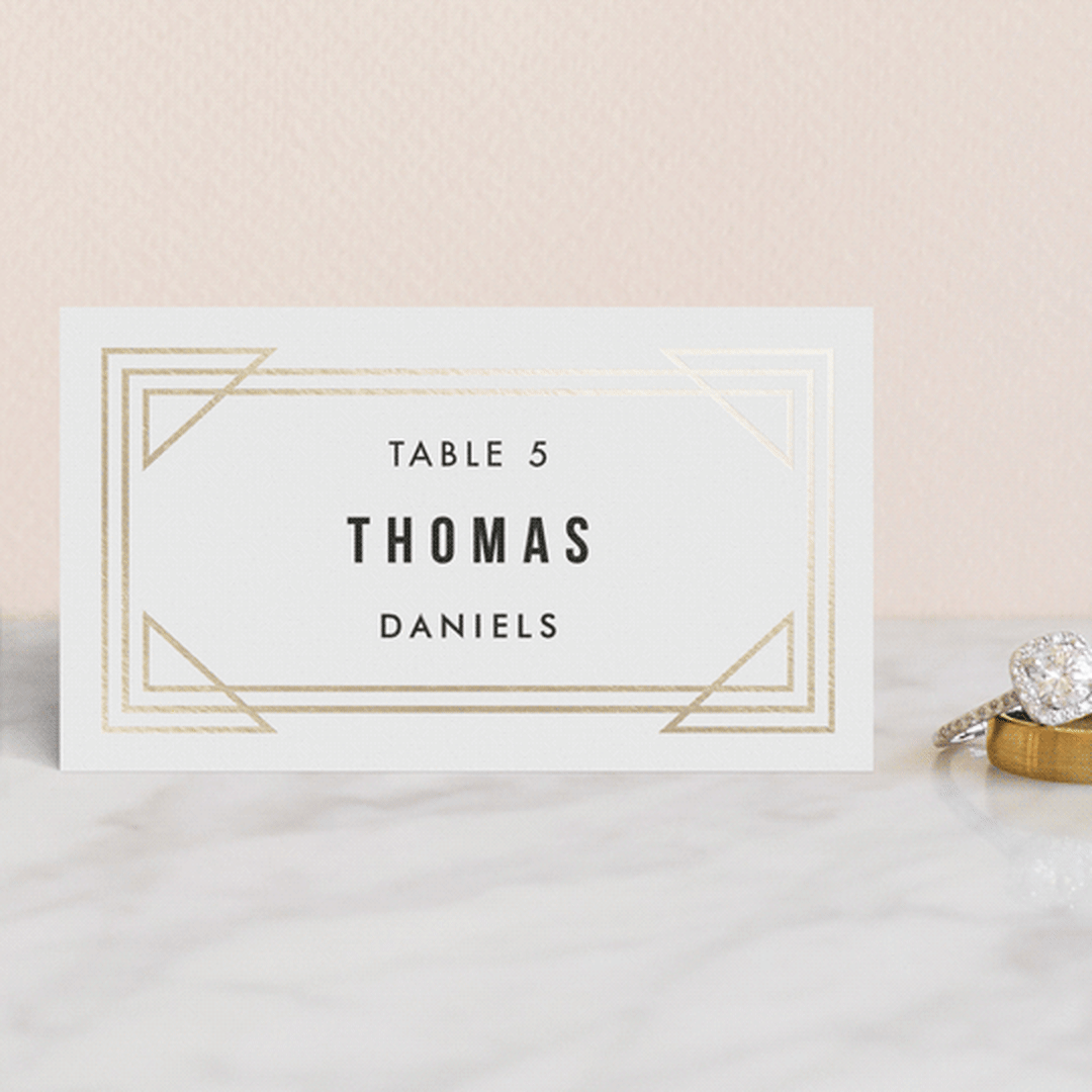 "Framed Deco Elegance" - Place Cards in Classic White by Kelly Schmidt - Front with Free Guest Printing