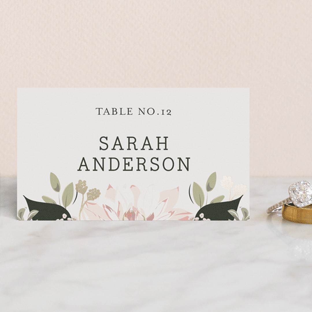 "Petal Surround" - Place Cards in Blush by Susan Moyal - Front with Free Guest Printing