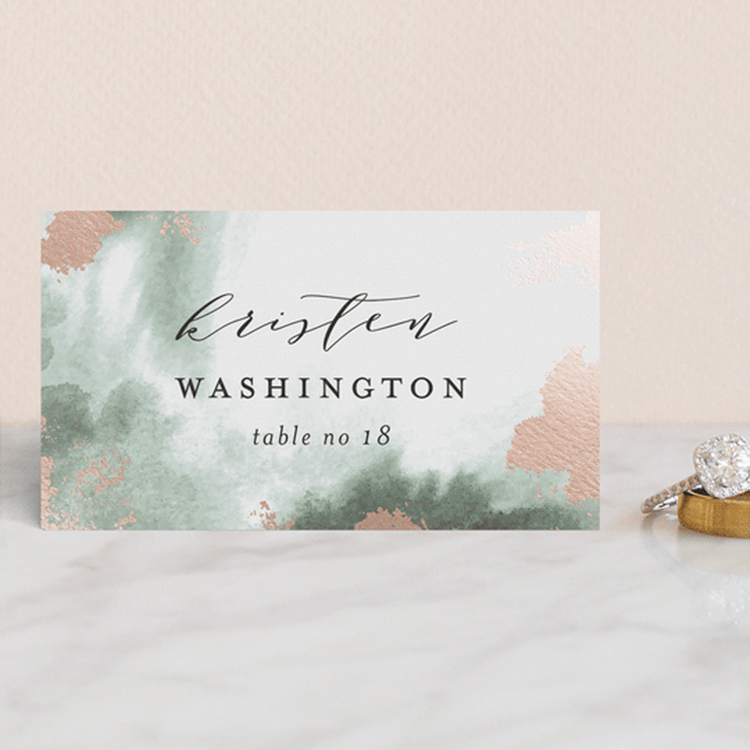 "Fancy Marble" - Place Cards in Moss by Phrosné Barwood - Front with Free Guest Printing