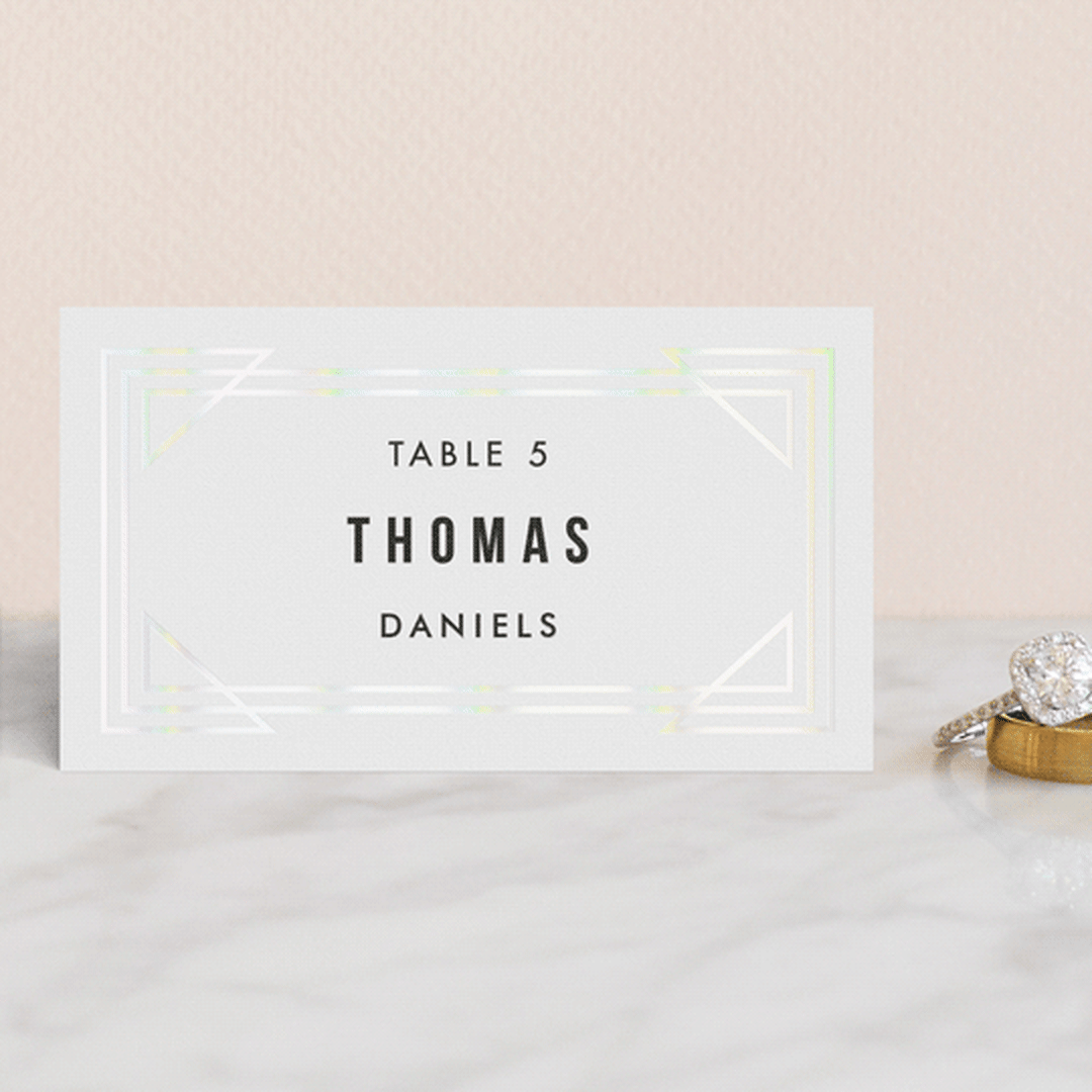 "Framed Deco Elegance" - Gloss-Press® Place Cards in Classic White by Kelly Schmidt - Front with Free Guest Printing