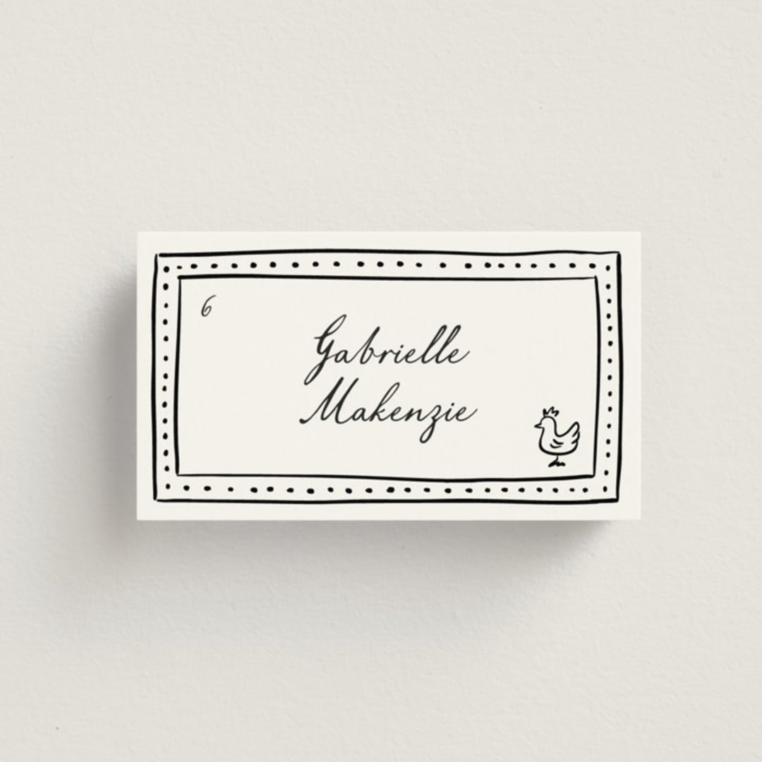 "Sketched Frame" - Place Cards - Chicken in Onyx by Erin Deegan - Front with Free Guest Printing