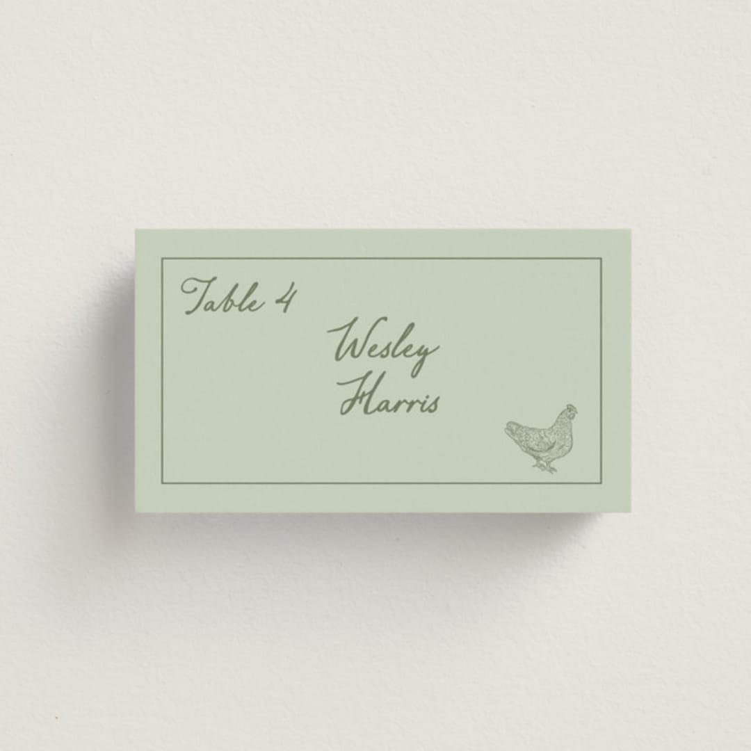 "Olive" - Place Cards - Chicken in Mint by Sherley Ferreira - Front with Free Guest Printing