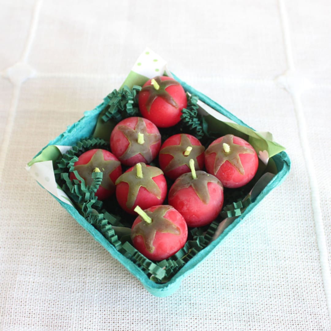 "Red Cherry Tomato Beeswax Birthday Candles" - Party Candles in red by Happy Organics