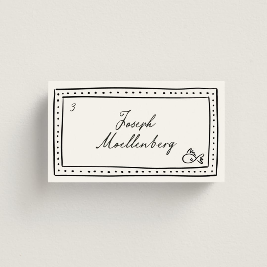 "Sketched Frame" - Place Cards - Fish in Onyx by Erin Deegan - Front with Free Guest Printing