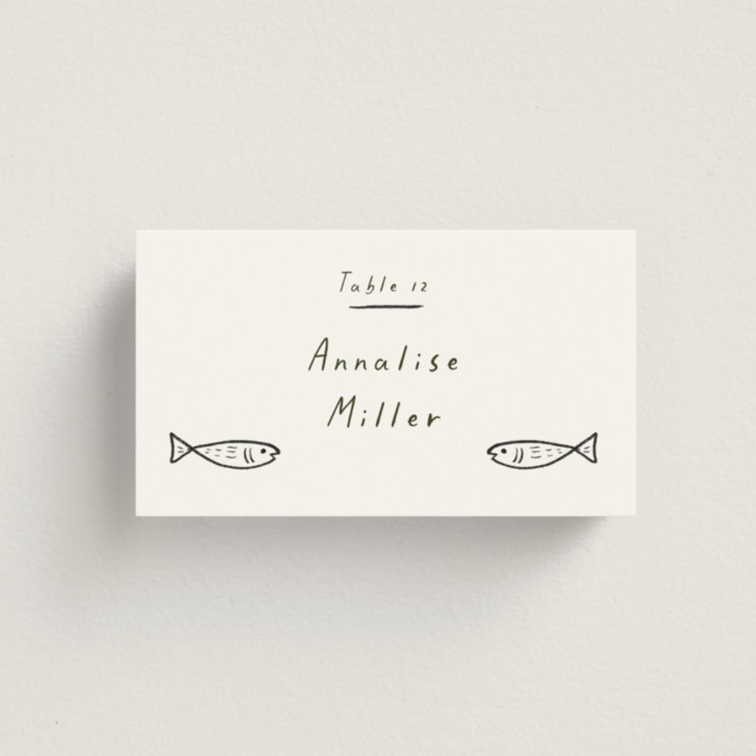 "Bon Vivant" - Place Cards - Fish in Charcoal by Ani Somi - Front with Free Guest Printing