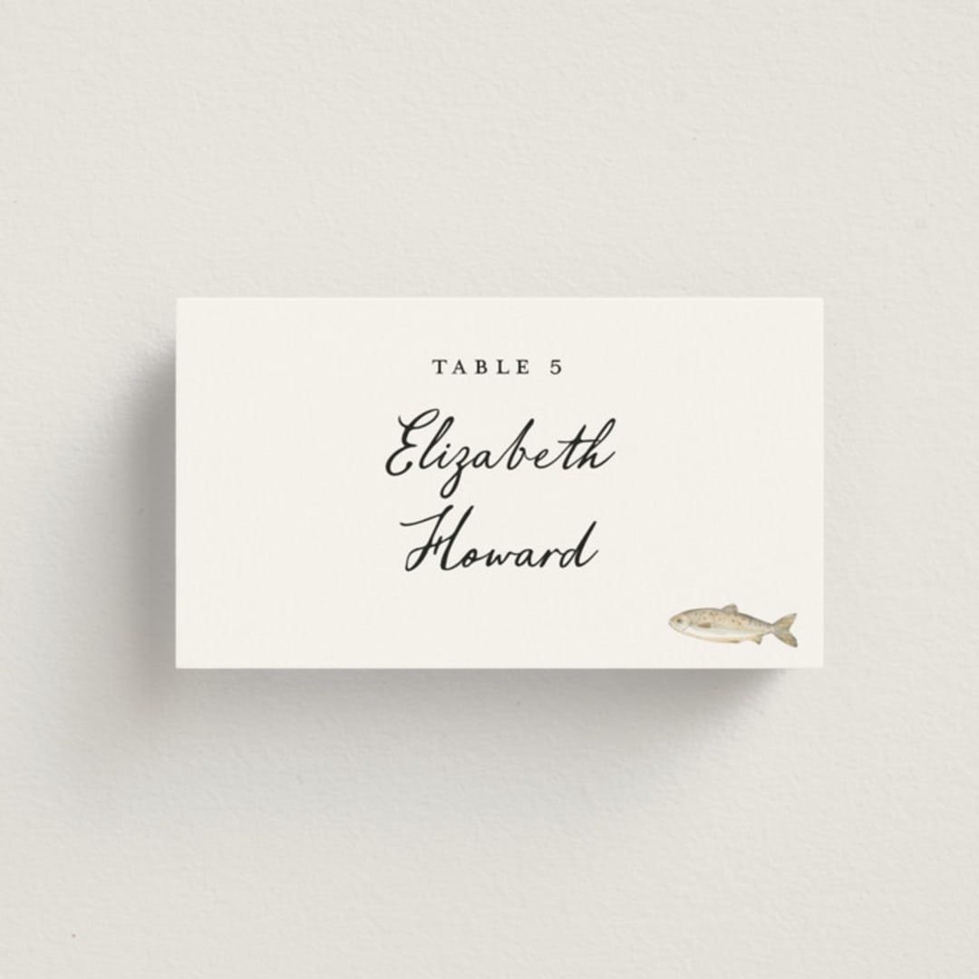 "Let's Eat" - Place Cards - Fish in Pearl by Petra Kern - Front with Free Guest Printing