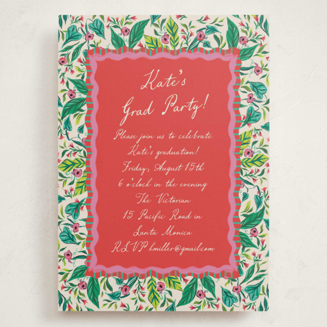 "Whimsical Hand Illustrated Crest" - Graduation Party Invitations in Peony by Jackie Crawford - Front