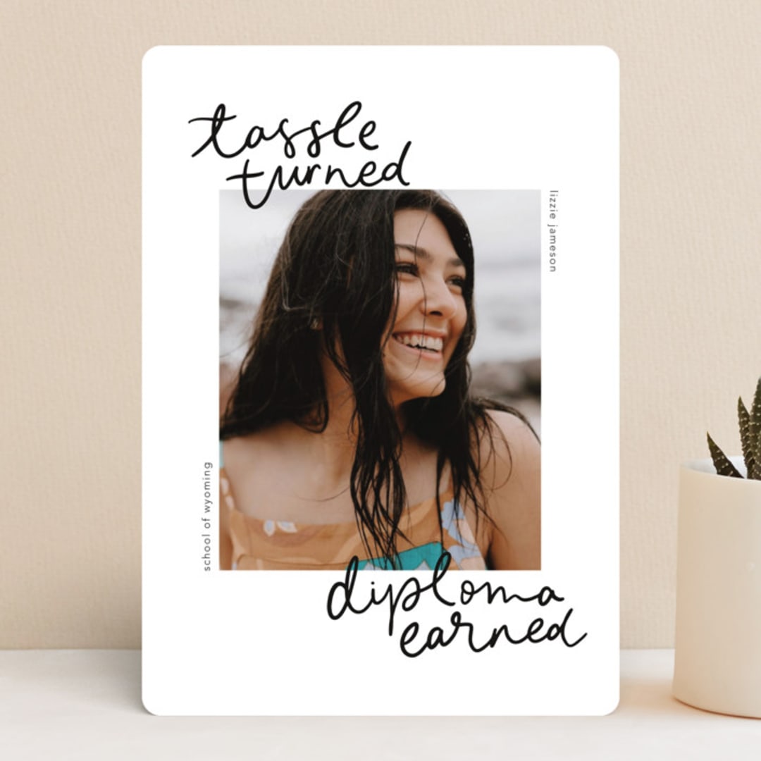 "Tassel turned, diploma earned" - Graduation Announcements in Noir by Abbigail Lim - Front