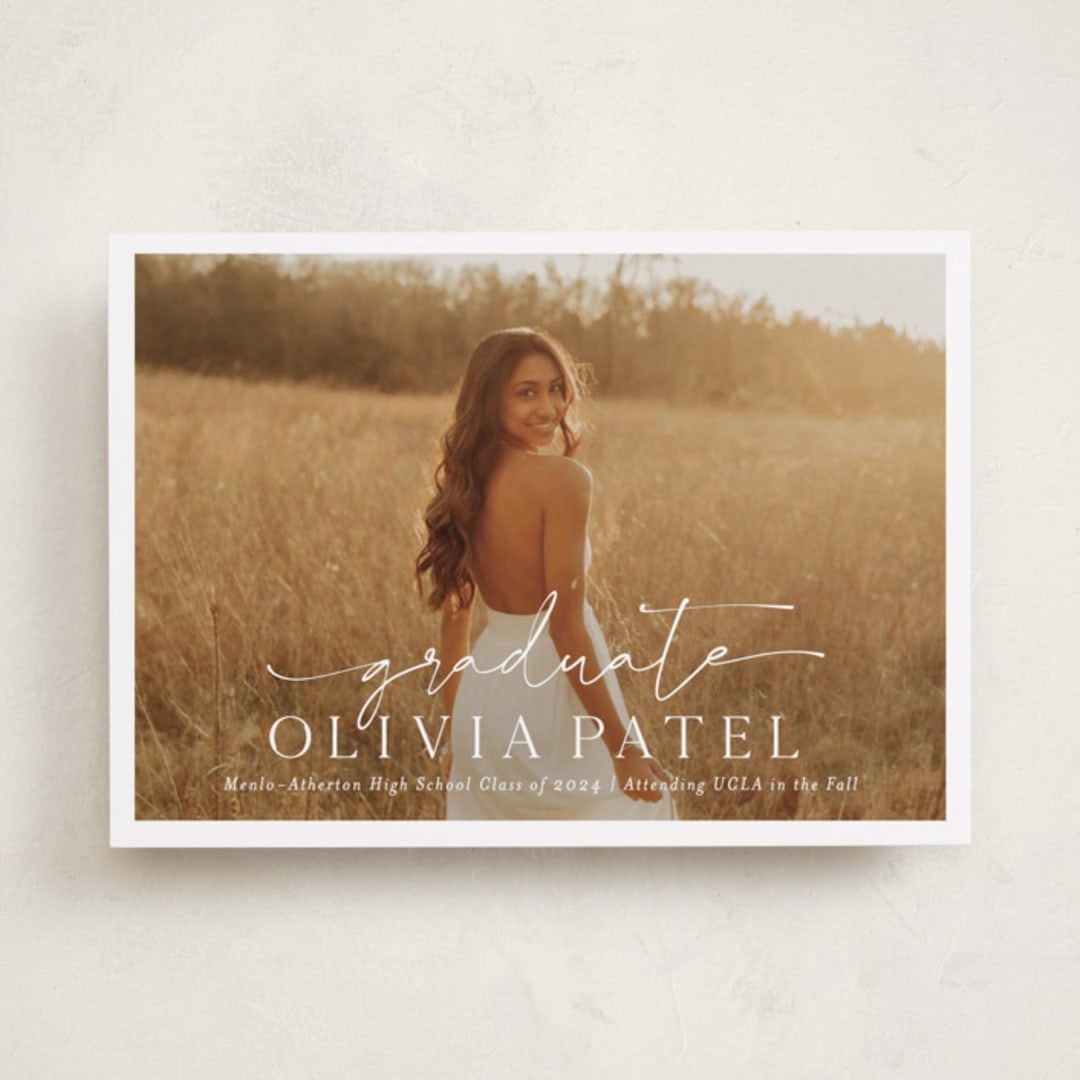 "Graduate Script" - Graduation Announcements in Snow by Sarah Curry - Front