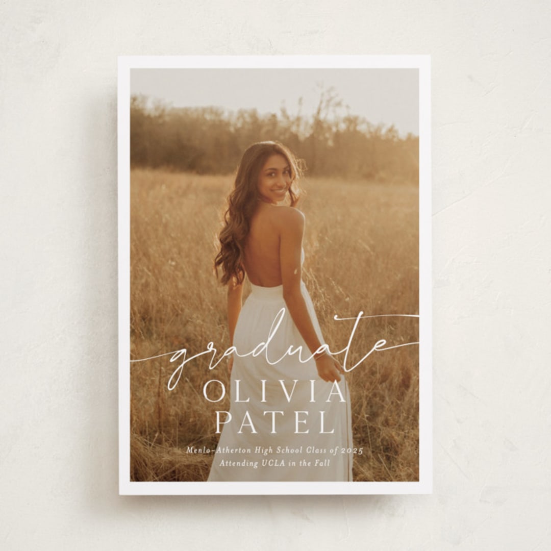 "Graduate Script" - Graduation Announcements in Snow by Sarah Curry - Front