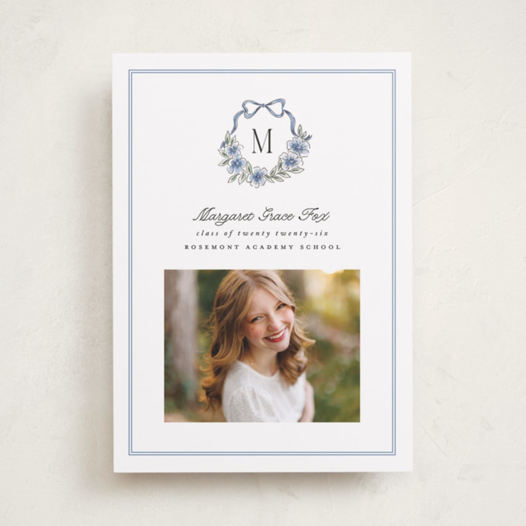 "Floral Crest" - Graduation Announcements in Cornflower by Laura Hankins - Front