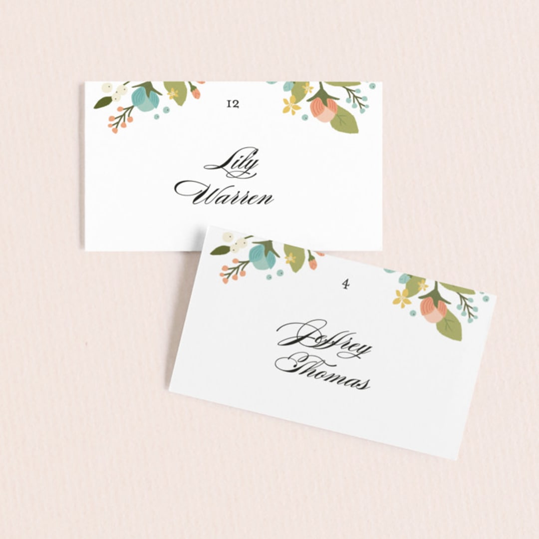 "Floral Ampersand" - Place Cards in Sea Breeze by Jennifer Wick - Front with Free Guest Printing
