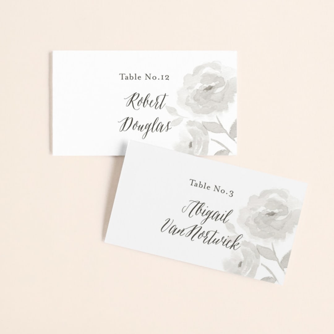 "Watercolor Floral" - Place Cards in Fog by Jill Means - Front with Free Guest Printing
