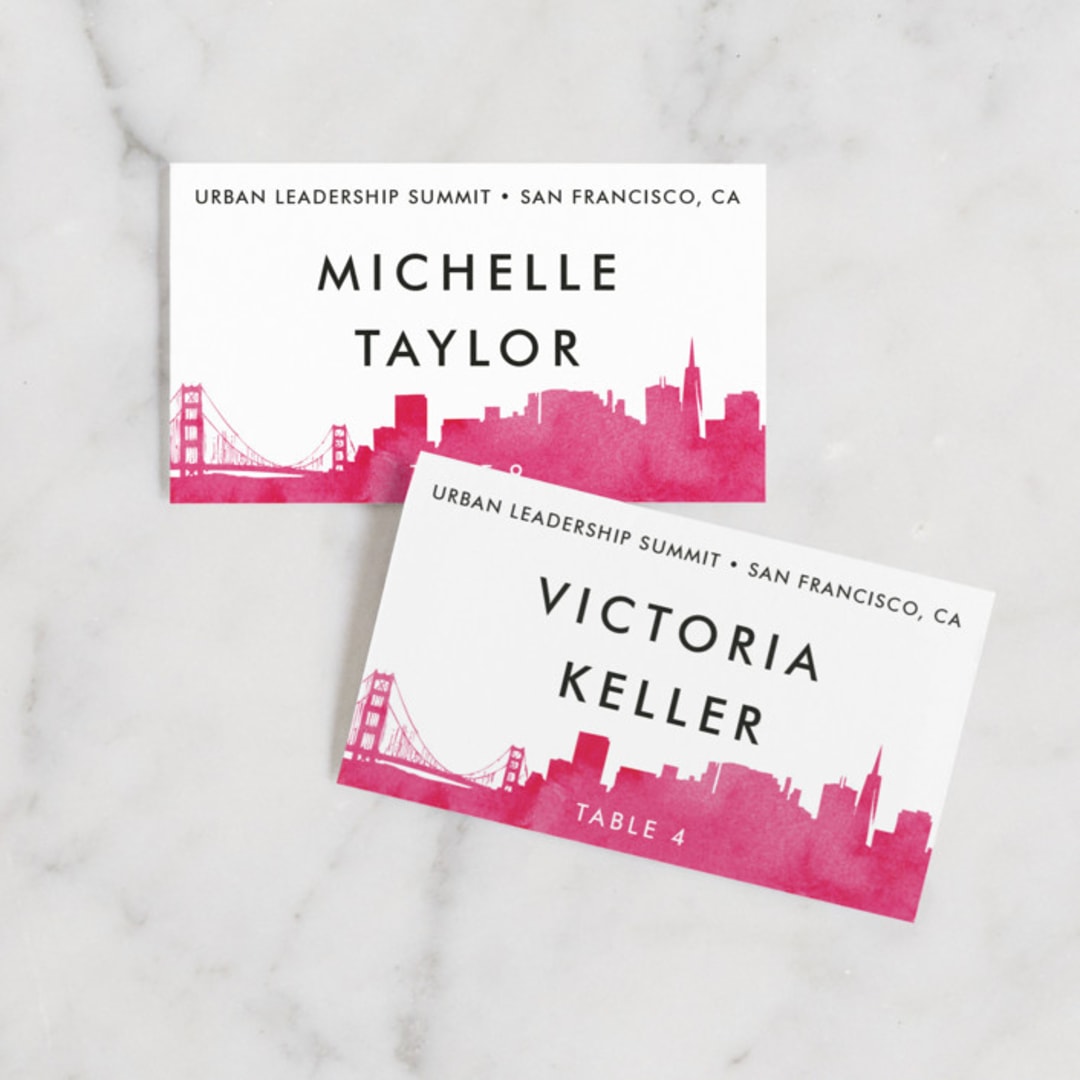 "Skyline-San Francisco" - Place Cards in Fuchsia by Laura Condouris - Front with Free Guest Printing