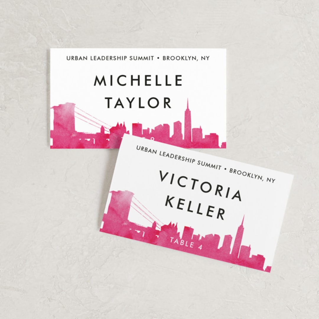 "Skyline -New York" - Place Cards in Fuchsia by Laura Condouris - Front with Free Guest Printing