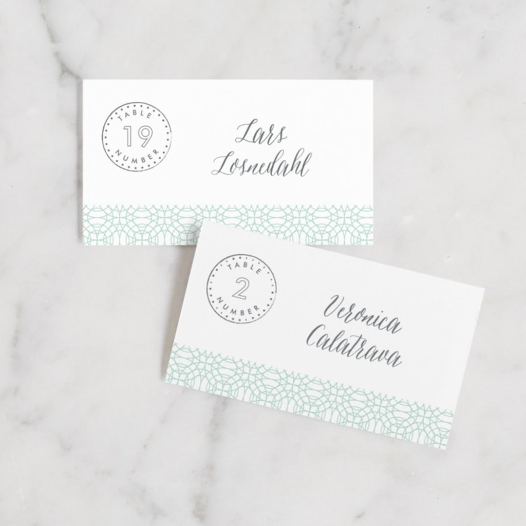 "Passport" - Place Cards in Seafoam by Sarah Curry - Front with Free Guest Printing