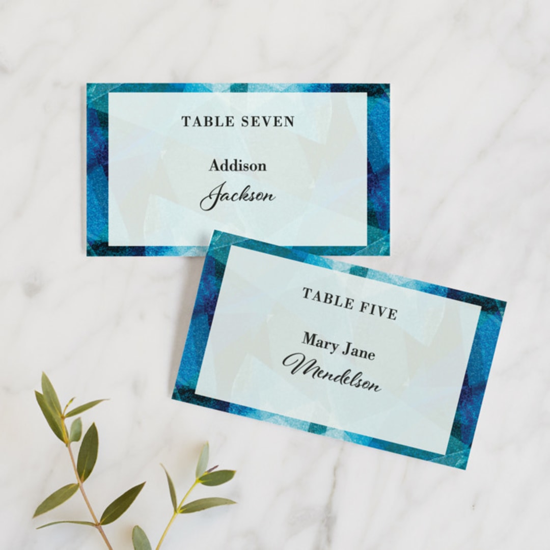 "Drops" - Place Cards in Sea by Bethania Lima - Front with Free Guest Printing