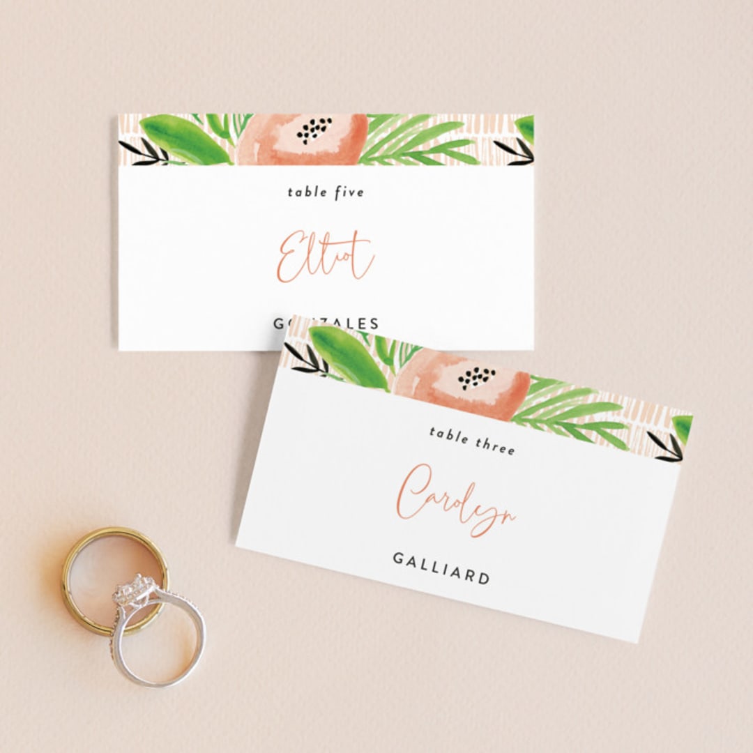 "Posie Garden Bouquet" - Place Cards in Peach by Erika Firm - Front with Free Guest Printing
