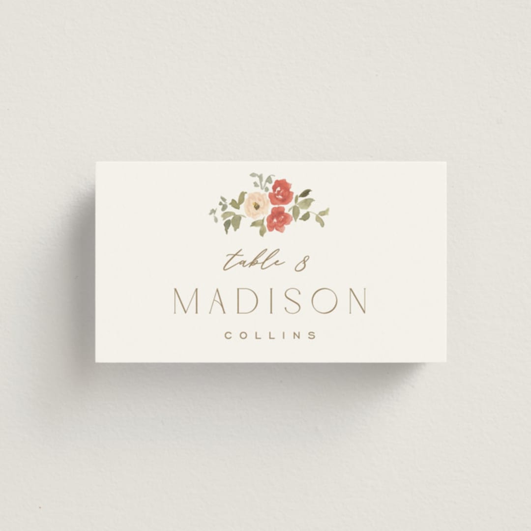 "Roses Crest" - Place Cards in Pomegranate by Everett Paper Goods - Front with Free Guest Printing
