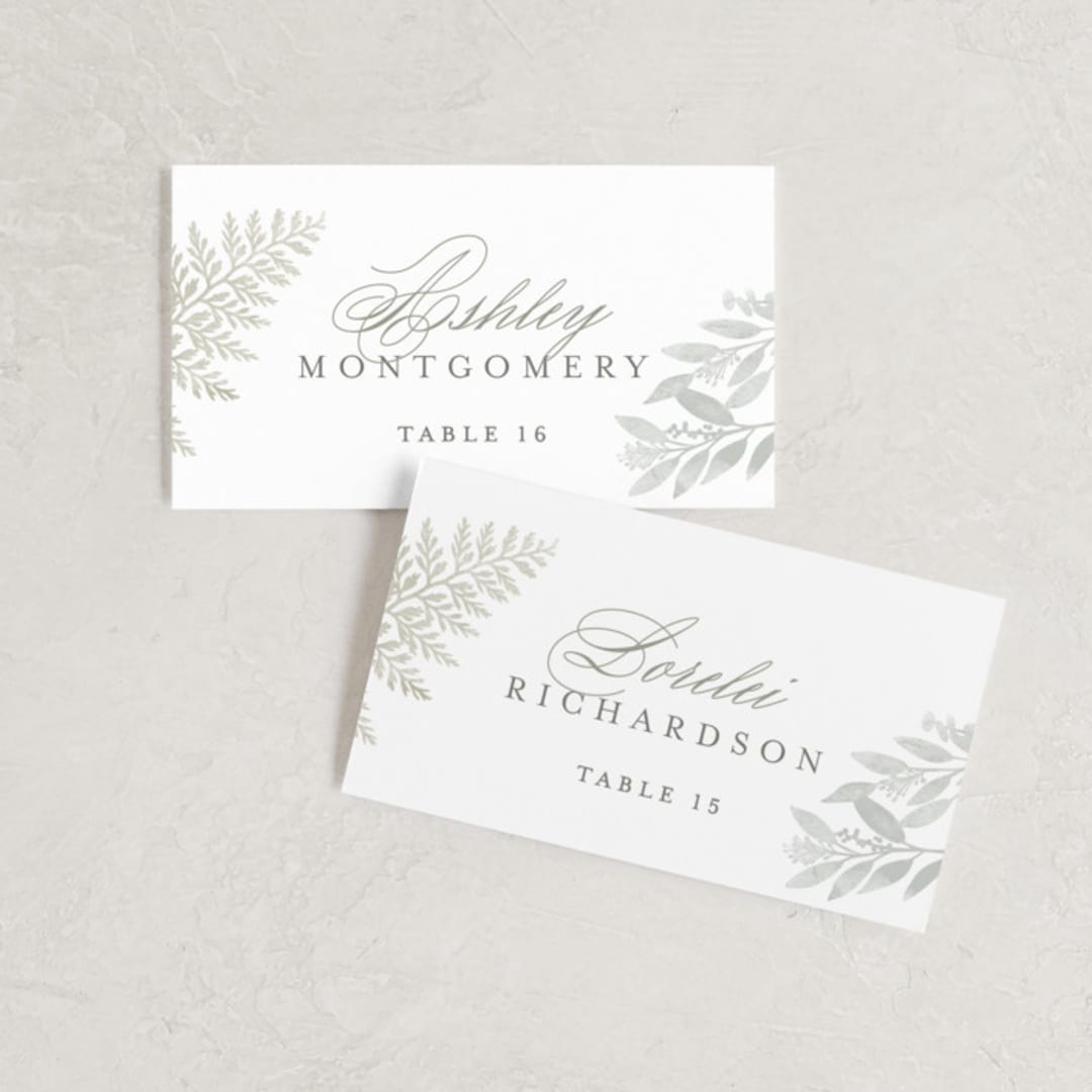 "Dear Greenery" - Place Cards in Eucalyptos by Hooray Creative - Front with Free Guest Printing