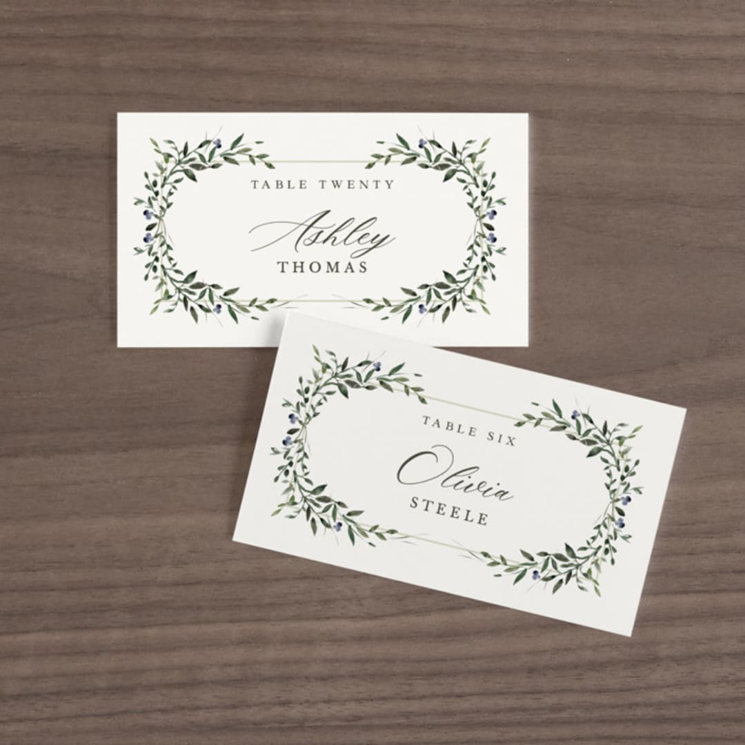 "Green Wreath" - Place Cards in Champagne by Lori Wemple - Front with Free Guest Printing