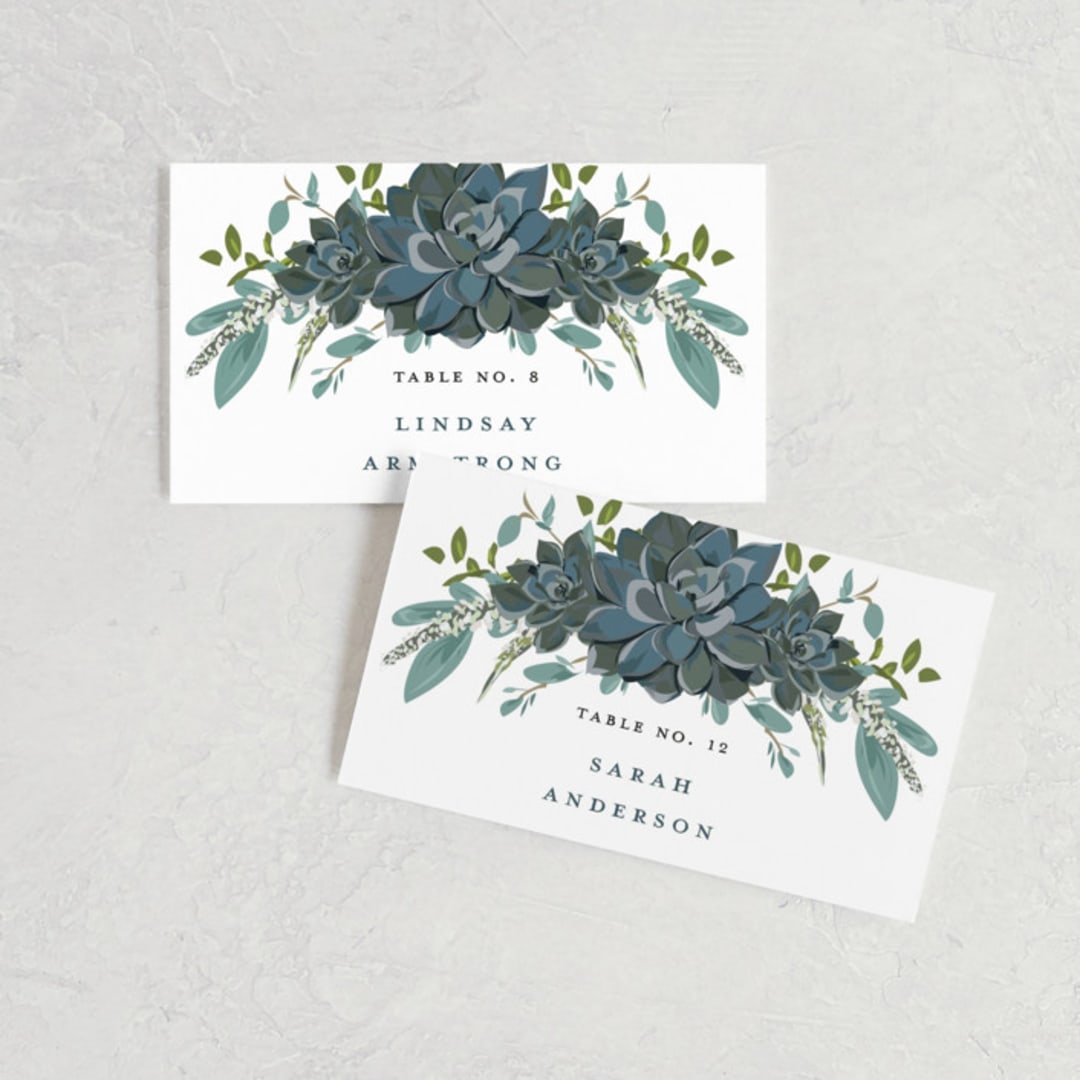 "Echeveria" - Place Cards in Prussian Blue by Susan Moyal - Front with Free Guest Printing