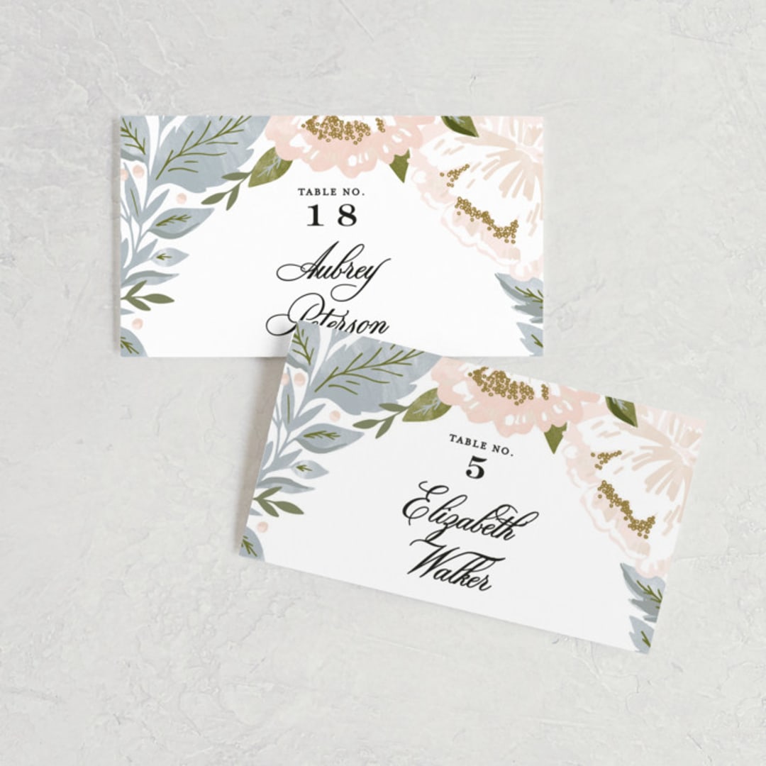 "Peony Floral Frame" - Place Cards in Cornflower by Alethea and Ruth - Front with Free Guest Printing