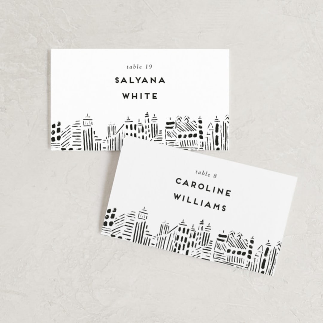 "Love In The City" - Place Cards in Pearl by Shiny Penny Studio - Front with Free Guest Printing