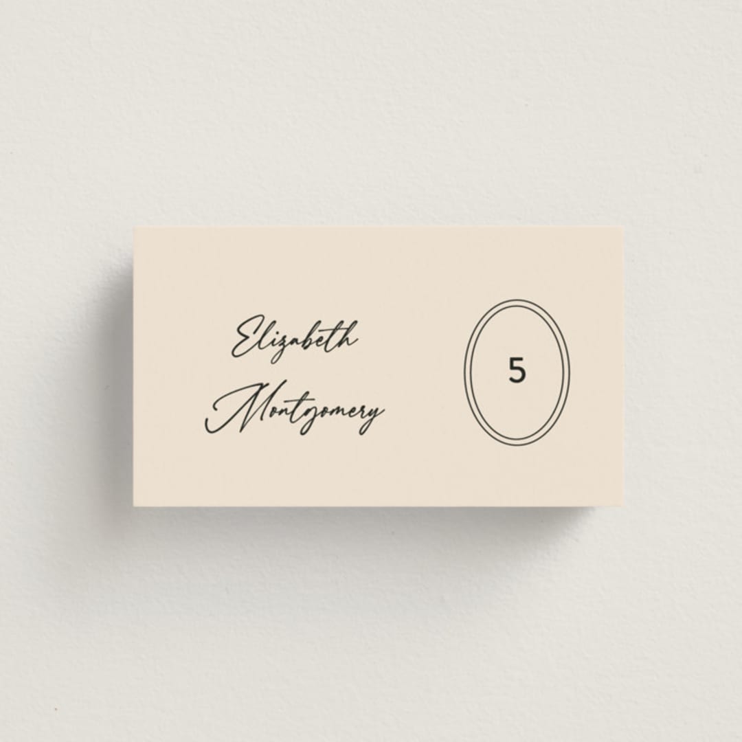 "Script and Monogram" - Place Cards in Sand by Carolyn MacLaren - Front with Free Guest Printing