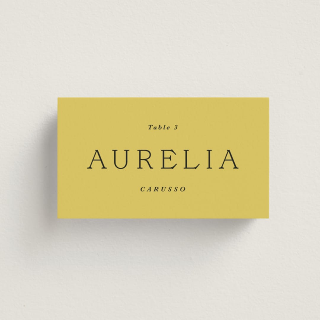 "Antique Ribbon" - Place Cards in Citrine by Olivia Kanaley Inman - Front with Free Guest Printing