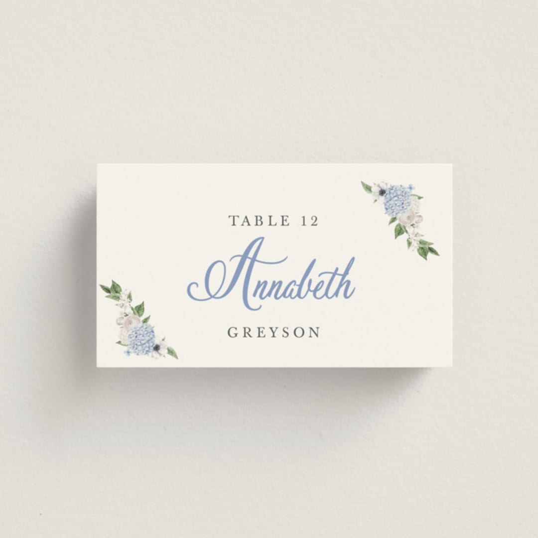 "Sweethearts" - Place Cards in Periwinkle by Design Lotus - Front with Free Guest Printing