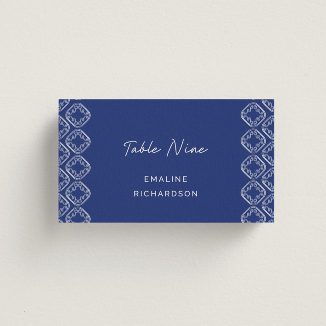 "Santorini" - Place Cards in Cerulean by Zani van Zyl - Front with Free Guest Printing