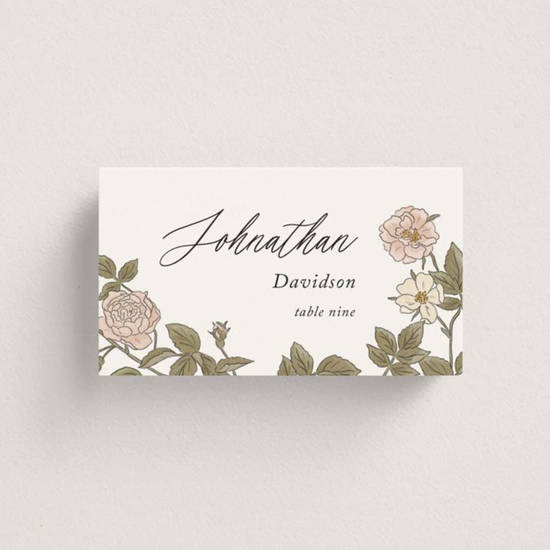 "Vintage Roses" - Place Cards in Snow by Tara Grangroth - Front with Free Guest Printing